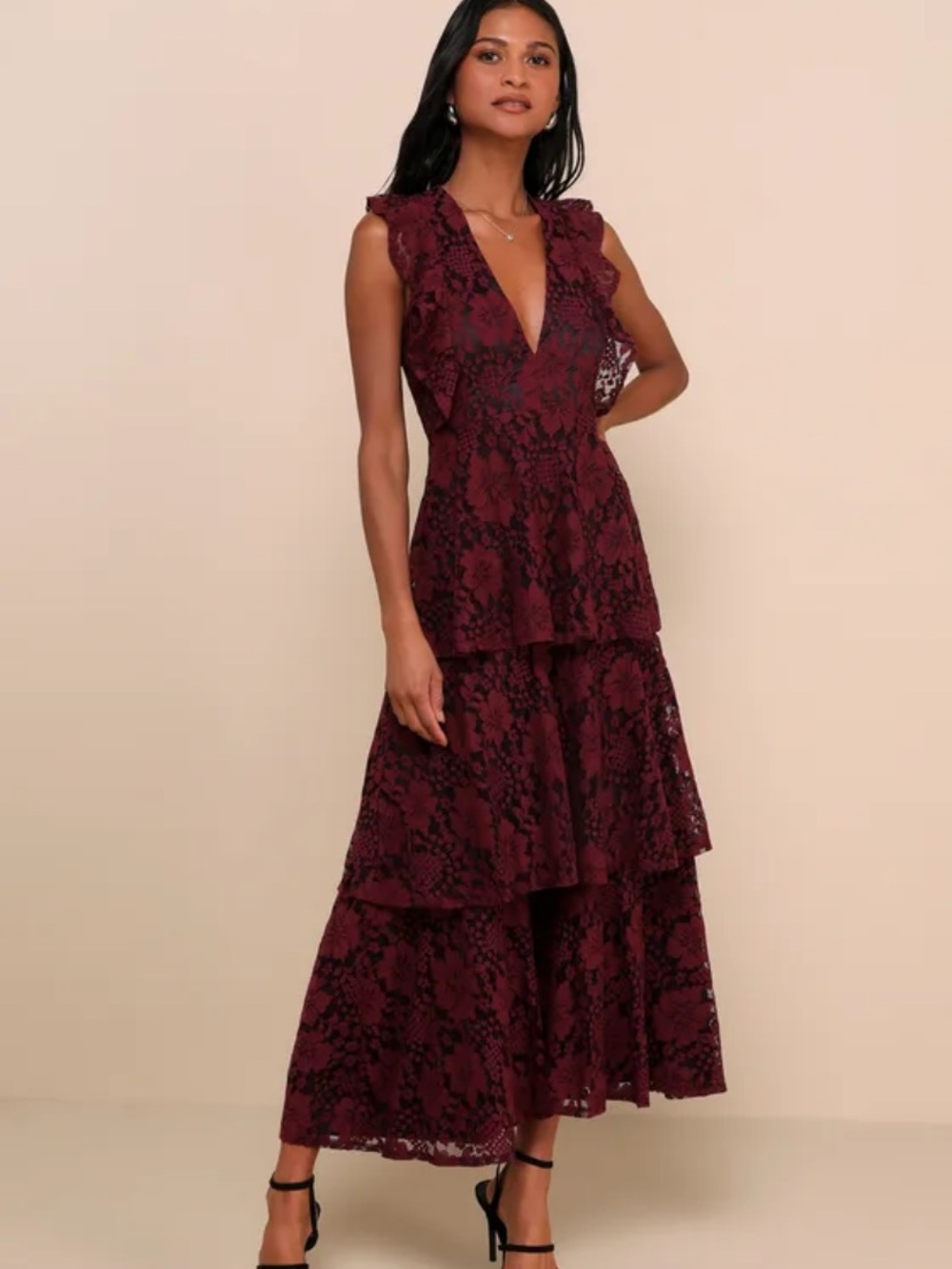 Lulu's Burgundy Lace Tiered Maxi Dress